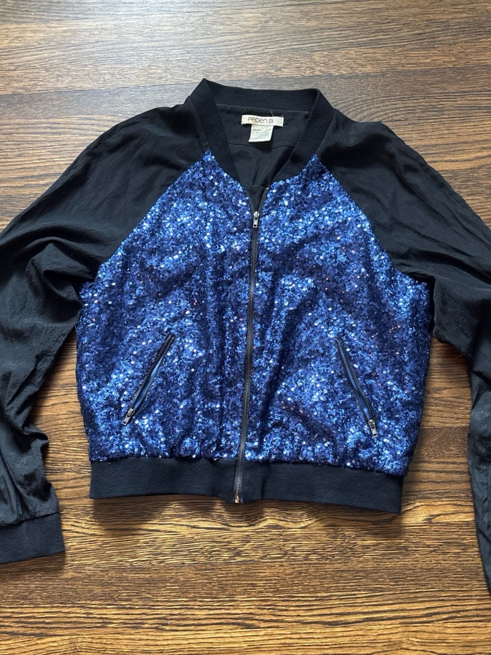 Arden B Blue Sequin Bomber Jacket with Black Sleeves